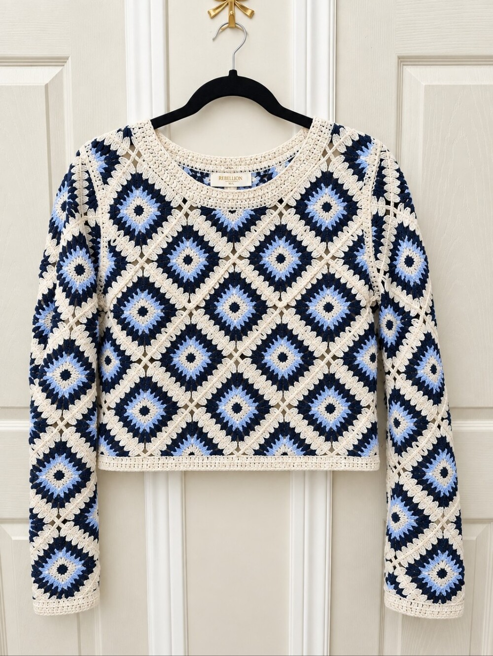 Rebellion Crochet Granny Square Cropped Sweater Blue Cream Size S